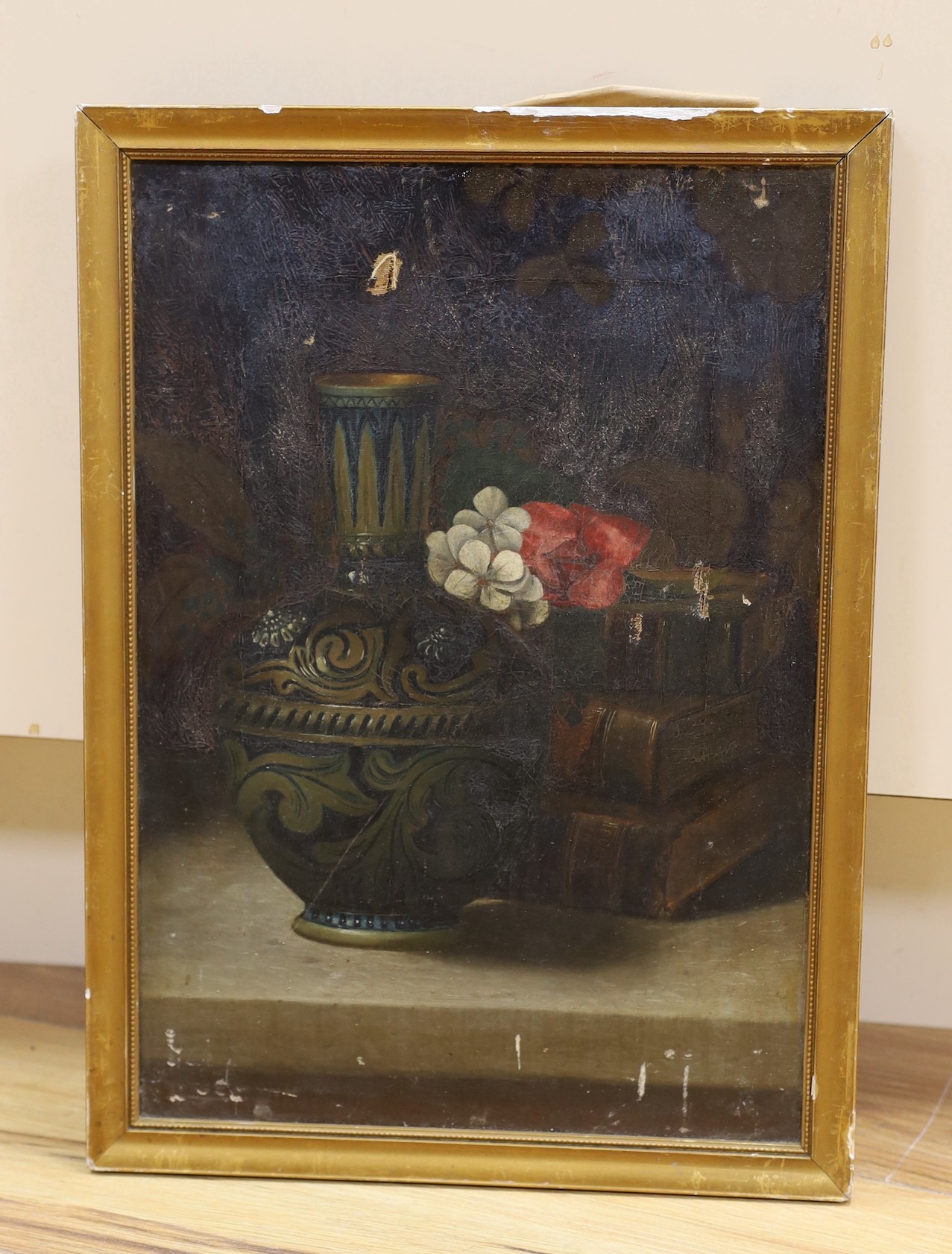 English School c.1890, oil on canvas, Still life of a Doulton vase, flowers and bindings, 37 x 26cm